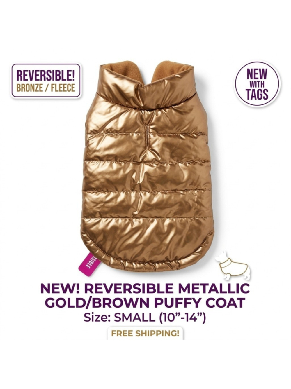 Fashion Pet Bronze Puffy Dog Coat Sz Small Metallic Shiny Reversible Winter Vest